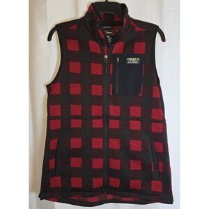 LL Bean Fleece Vest Red Black Buffalo Plaid Full Zip Size Small S Reg Womens